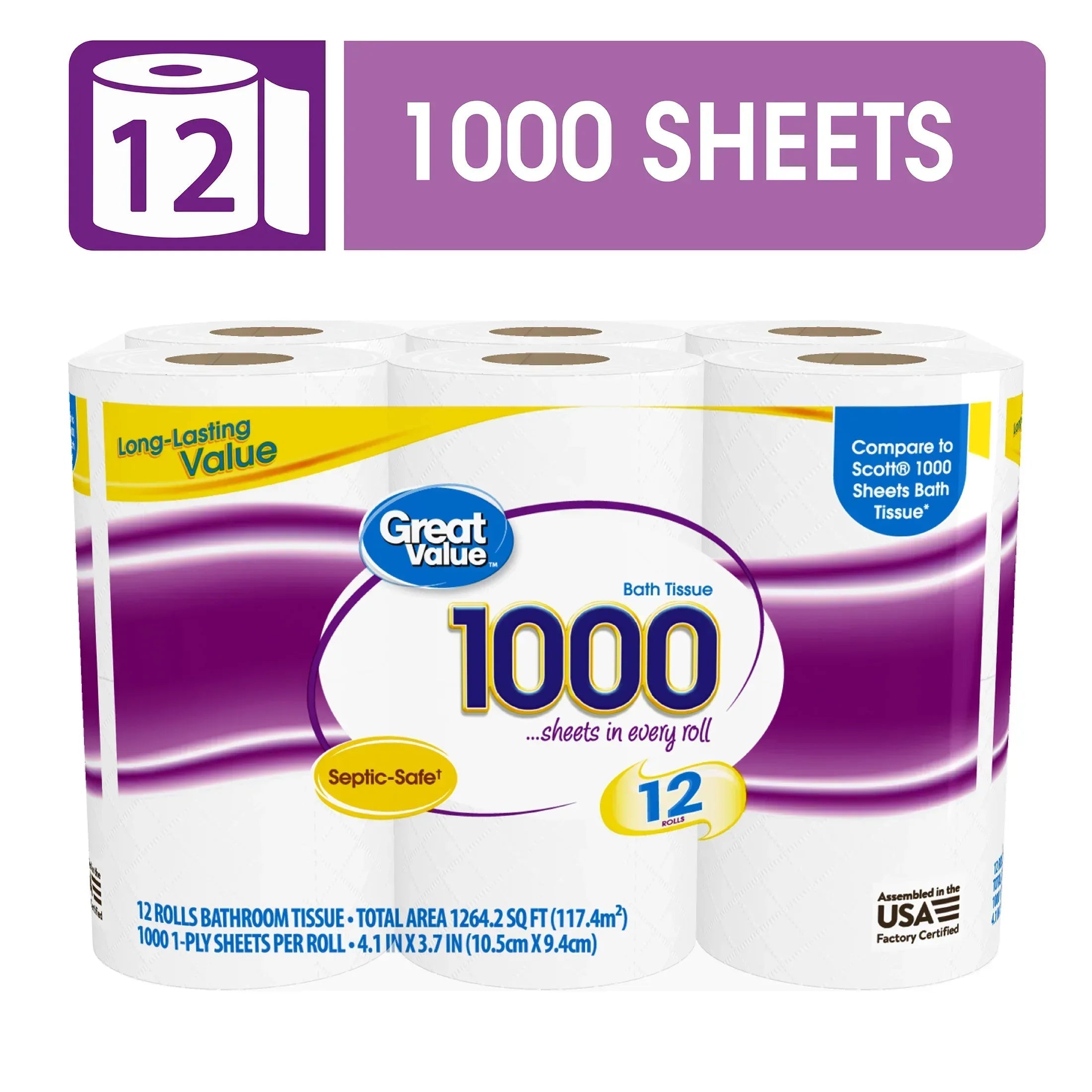 Great Value 1000 Sheets per Roll Toilet Paper, 12 Rolls, Compare to Scott® 1000 Sheets Bath Tissue