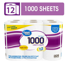 Toilet paper 12-roll pack with 1,000 sheets per roll, Great Value brand