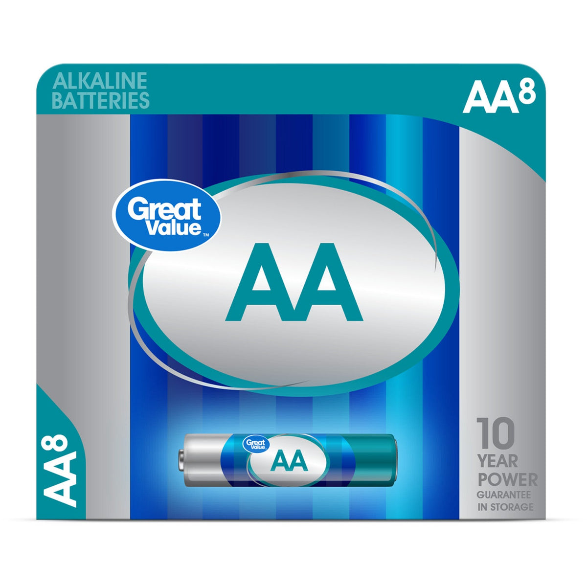 Great Value Alkaline AA Batteries, 8 Count (Plastic Free Packaging)