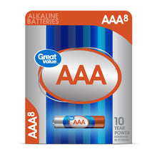 Alkaline AAA batteries multipack in retail box, AAA8 count and Great Value branding