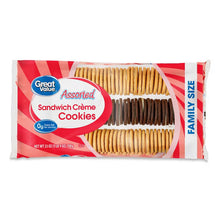 Great Value assorted sandwich creme cookies bag, front view with cream and dark cookie varieties