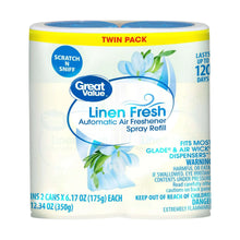 Twin pack automatic air freshener spray refill, Linen Fresh, with blue caps and labels