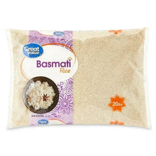 Great Value basmati rice bag, 20 lb, purple label and orange star