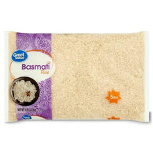 Basmati rice bag, 5 lb with purple label and front view