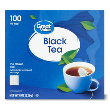 Black tea bags box with cup graphic, leaf accents, and 100 tea bags