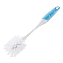 Bottle cleaning brush with blue foam grip and white nylon bristles