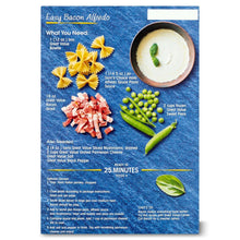 Bowtie pasta box back with recipe text, green peas, and ingredient list