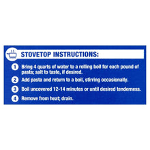Stovetop instructions label for bowtie pasta: boil uncovered 12–14 minutes