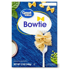 Great Value bowtie pasta box, blue package with bowtie pasta and serving size 12 oz