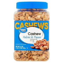Great Value cashew halves & pieces jar with blue lid, front label