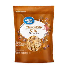 Chocolate chip granola pouch with flavor name and serving size