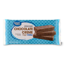 Chocolate creme wafer cookies in blue Great Value package, stacked cookies shown