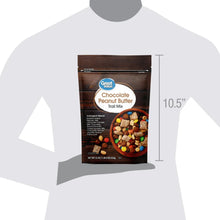 Chocolate peanut butter trail mix pouch with size marker showing 10.5 in height