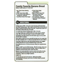 Package directions and ingredients panel for banana bread recipe with walnuts