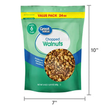 Chopped walnuts 24 oz pouch, green stand-up bag with circular logo