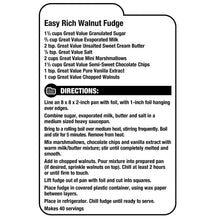 Recipe card for walnut fudge, listing ingredients and directions with chopped walnuts