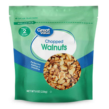Resealable chopped walnuts bag with Great Value branding and photo of walnuts