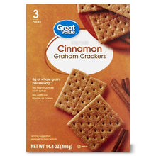 Cinnamon graham crackers box with square crackers pictured, 3 packs