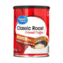 Ground coffee canister showing Classic Roast Ground Coffee, Medium rich & smooth.