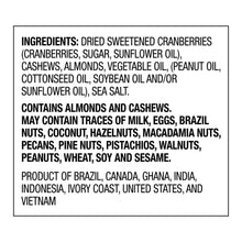 Ingredients panel for trail mix: dried sweetened cranberries, cashews, almonds