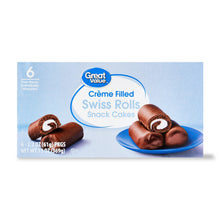 Crème-filled Swiss rolls snack cakes, 6-count package with blue branding
