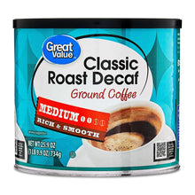 Great Value decaf ground coffee can with teal label, medium rich & smooth text