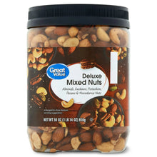 Great Value Deluxe mixed nuts jar with black lid and front label, assorted nuts