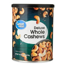 Salted whole cashews container, black label with Deluxe Whole Cashews text