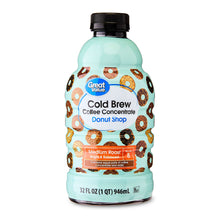 Great Value cold brew coffee concentrate bottle, donut shop label, 32 fl oz