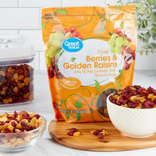 Great Value dried berries and golden raisins snack bag with bowls of dried fruit