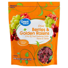 Great Value dried berries and golden raisins snack bag, orange pouch with fruit photo