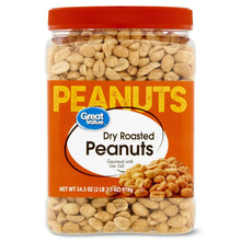 Great Value jar of dry roasted peanuts with orange label, red cap, and visible peanuts.