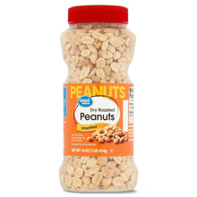 Dry roasted, unsalted peanuts jar with red lid; front label shows peanuts
