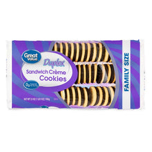Great Value Duplex sandwich creme cookies package with purple and black cookie stripes