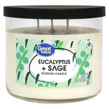 Great Value eucalyptus & sage scented candle, clear jar, green leaf label, dark lid