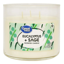 Great Value eucalyptus & sage scented candle, clear jar, green leaf label, white wax