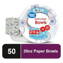 Disposable paper bowls pack, white bowls with blue pattern, 20 oz, 50 count