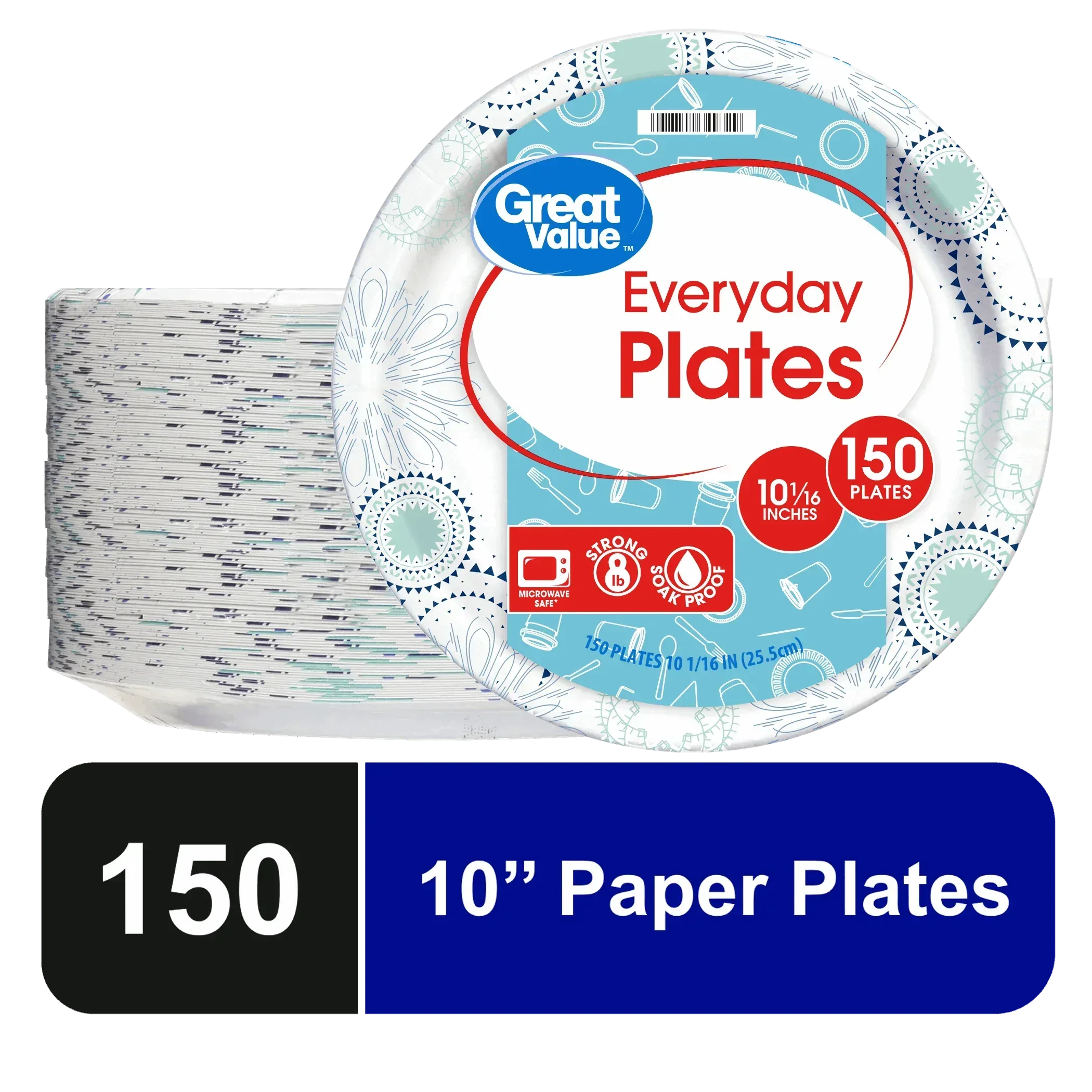 Great Value Disposable Paper Plates, 10", 150 Count