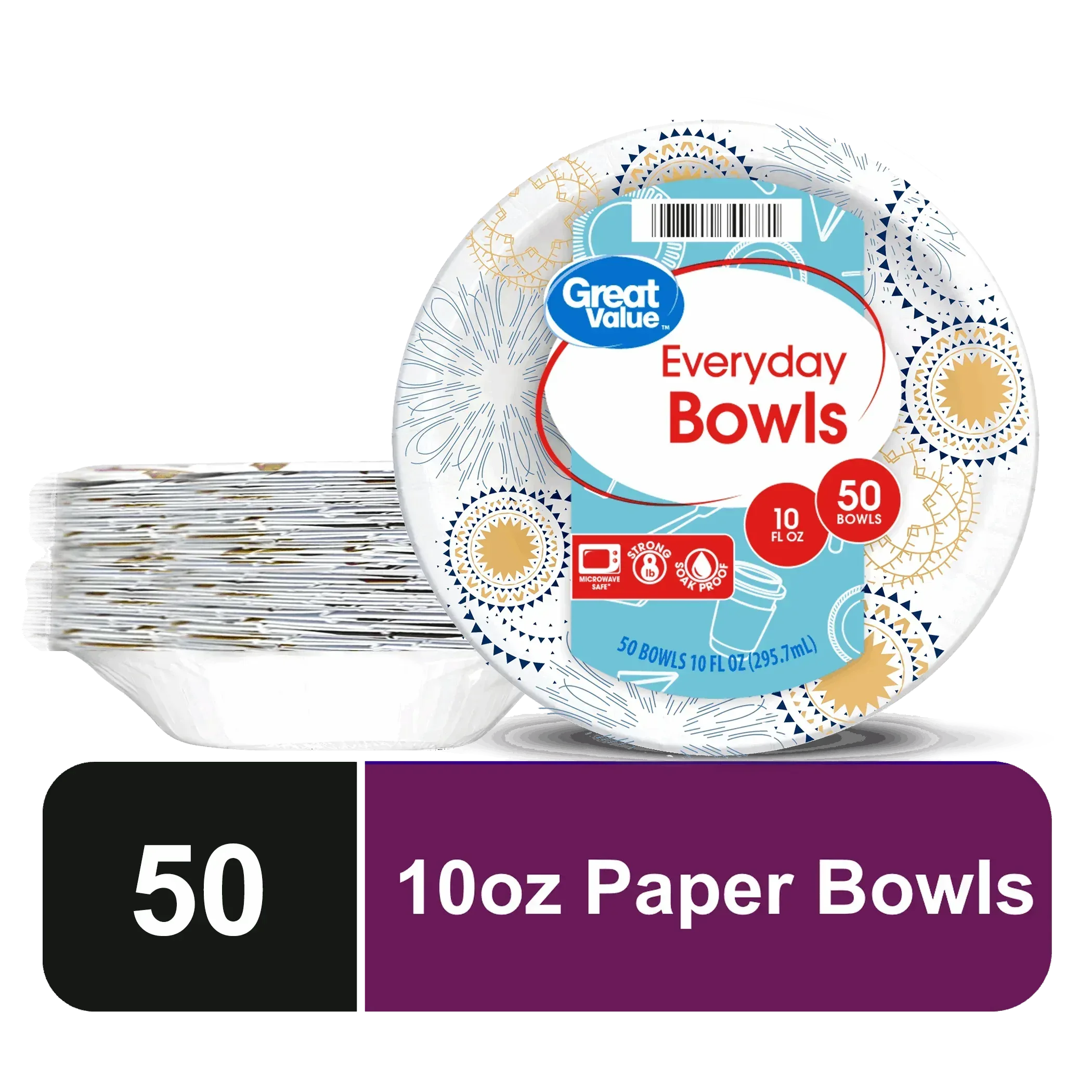Great Value Everyday Disposable Patterned Paper Bowls, 10 oz, 50 Count