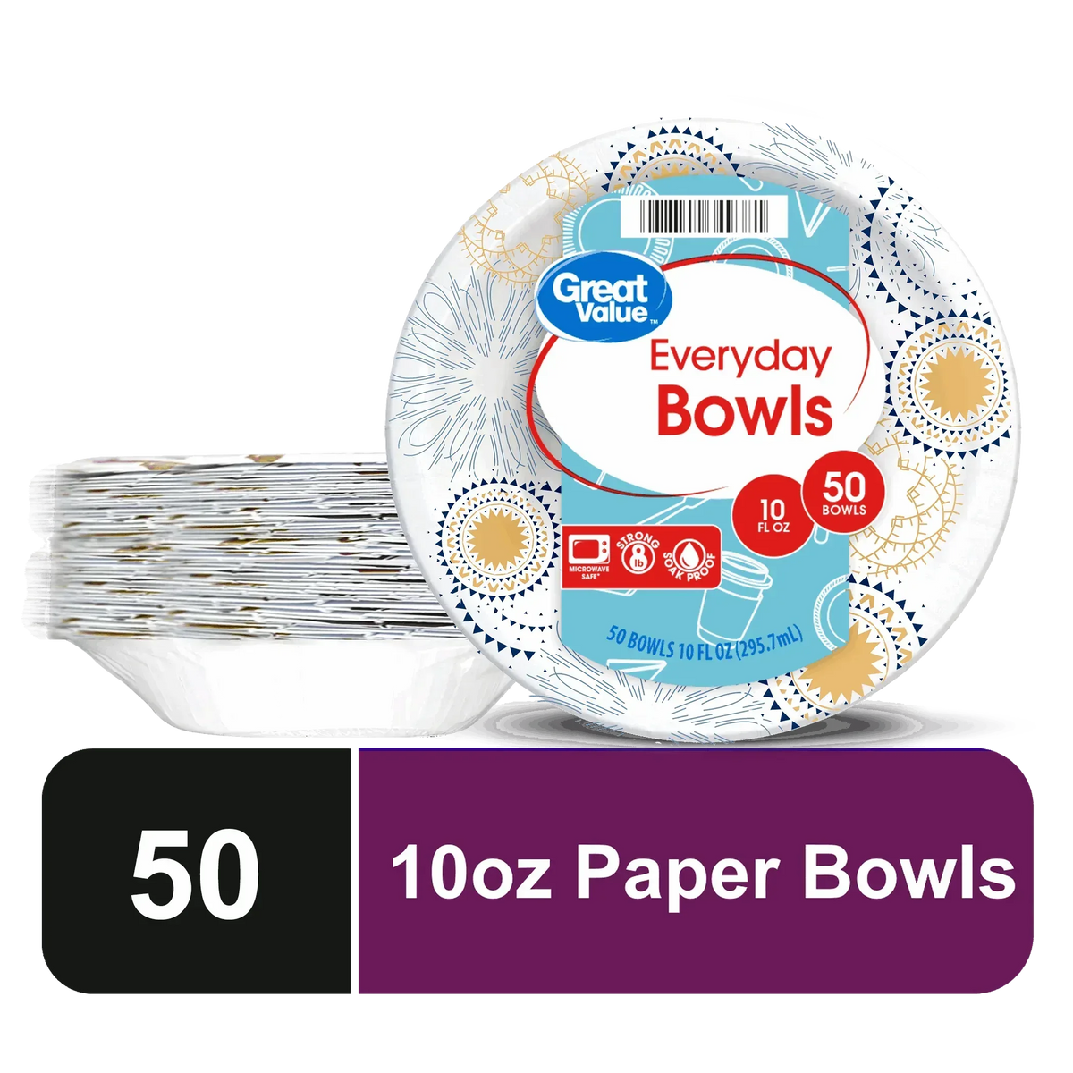 Great Value Everyday Disposable Patterned Paper Bowls, 10 oz, 50 Count