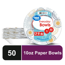 Disposable paper bowls with blue and gold patterns, 10 oz, 50 count