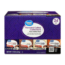 Flavored coffee pod variety pack box, 24-count, with French Vanilla and Caramel Pecan pods
