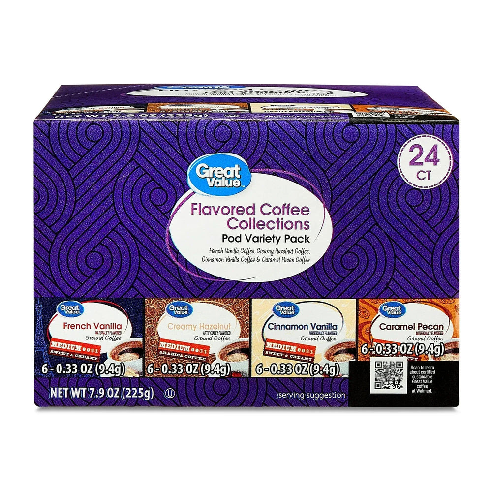 Great Value Flavored Medium Roast Ground Coffee Pods Variety Pack, 7.9 oz, 24 Count - USA MEGA SHOP