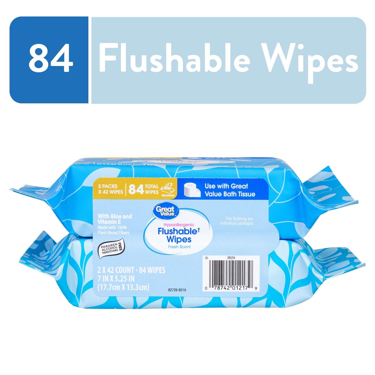 Great Value Fresh Scent Flushable Wipes, 2 Resealable Packs, 84 Total Flushable Wipes