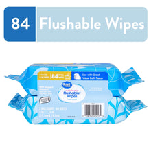 Flushable wipes multipack, resealable blue-and-white wet wipes package with 84 count