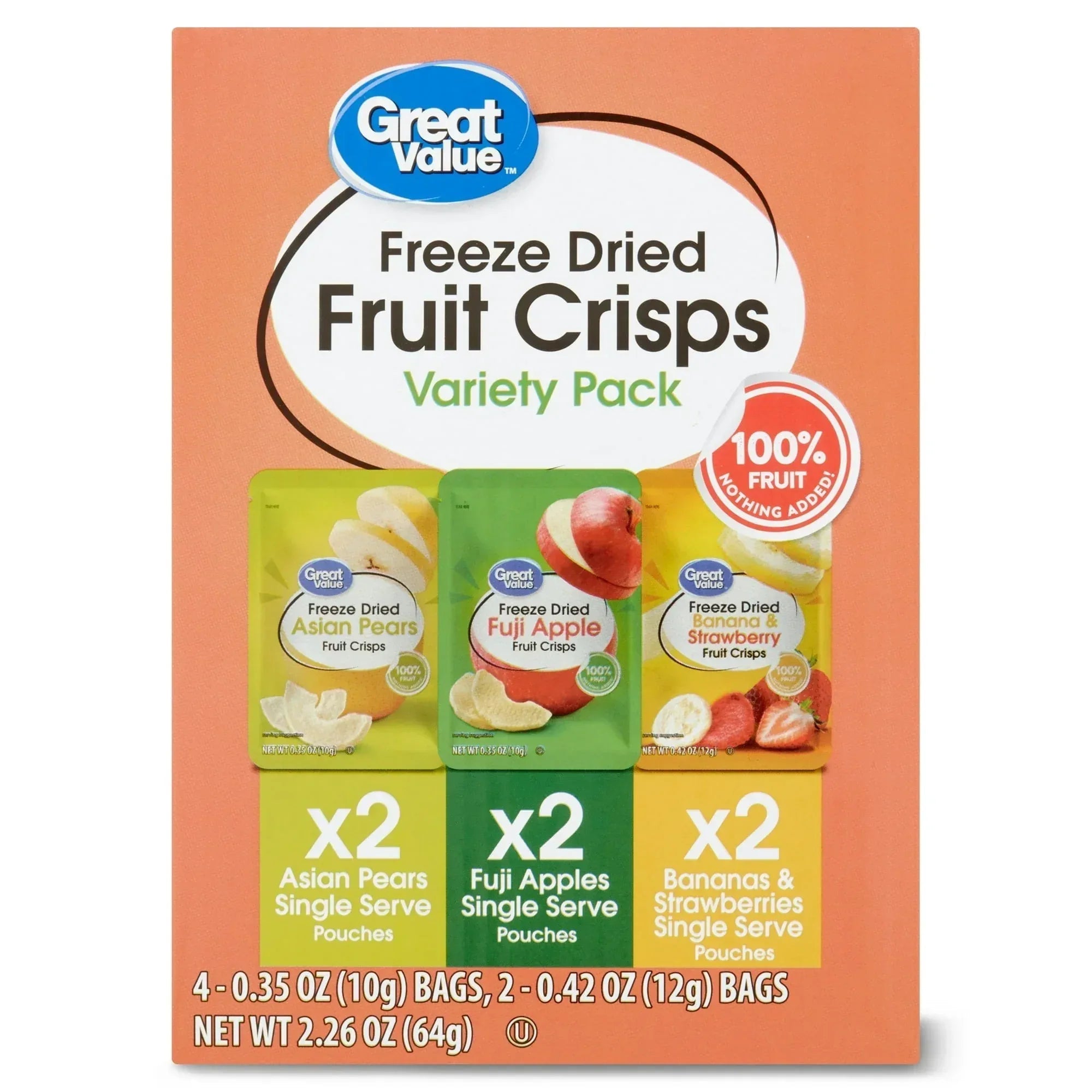 Great Value Freeze Dried Fruit Crisps, Variety Pack, 6 Count, 2.26 oz