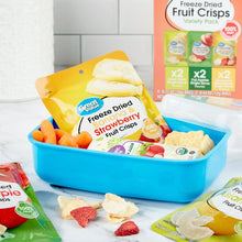 Freeze dried fruit crisps bag and loose fruit crisp pieces in a blue bowl