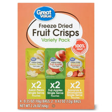 Freeze dried fruit crisps variety pack box with three flavor bag graphics