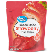 Freeze-dried strawberry fruit crisps pouch, red package with Great Value label