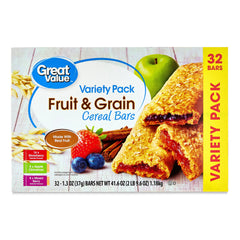 Great Value Fruit & Grain Cereal Bars, Variety Pack, 1.3 oz, 32 Count